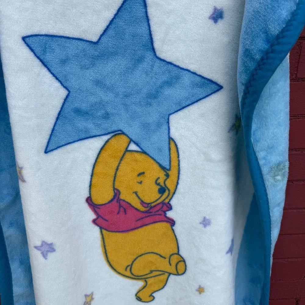 Vtg Disney Winnie the Pooh Star Moon Baby Blanket Blue White 30x43 Kidcore